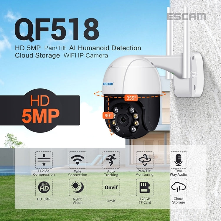 ESCAM QF518 5MP Smart WiFi IP Camera, Support AI Humanoid Detection / Auto Tracking / Dual Light Night Vision / Cloud Storage / Two Way Audio / TF Card, EU Plug, US Plug, UK Plug, AU Plug ESCAM QF518 5MP Smart WiFi IP Camera, Support AI Humanoid Detection / Auto Tracking / Dual Light Night Vision / Cloud Storage / Two Way Audio / TF Card, EU Plug, US Plug, UK Plug, AU Plug